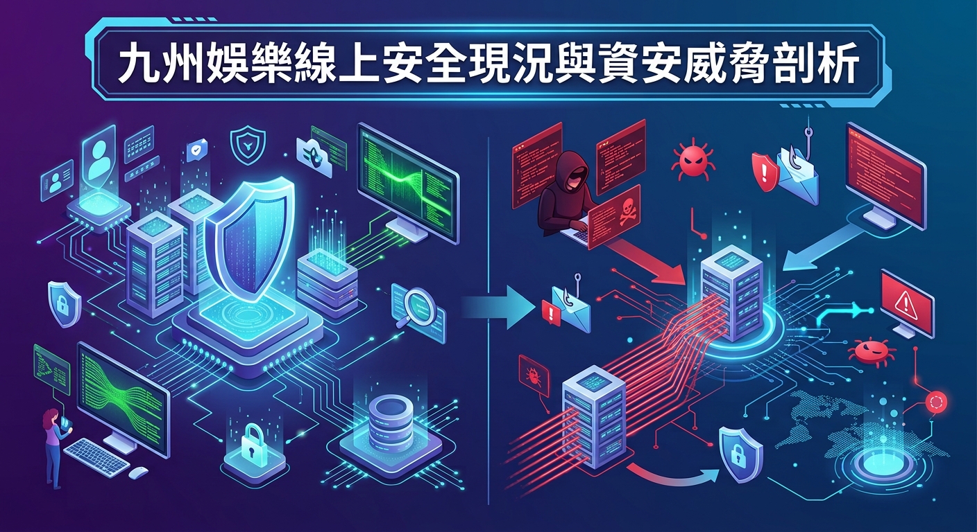 圖片以科技感的視覺對比,生動呈現了強大的數位安全防護機制與潛在的網路駭客威脅。 畫面頂部醒目地展示唯一的文字標題「九州娛樂線上安全現況與資安威脅剖析」,直接點明主題。