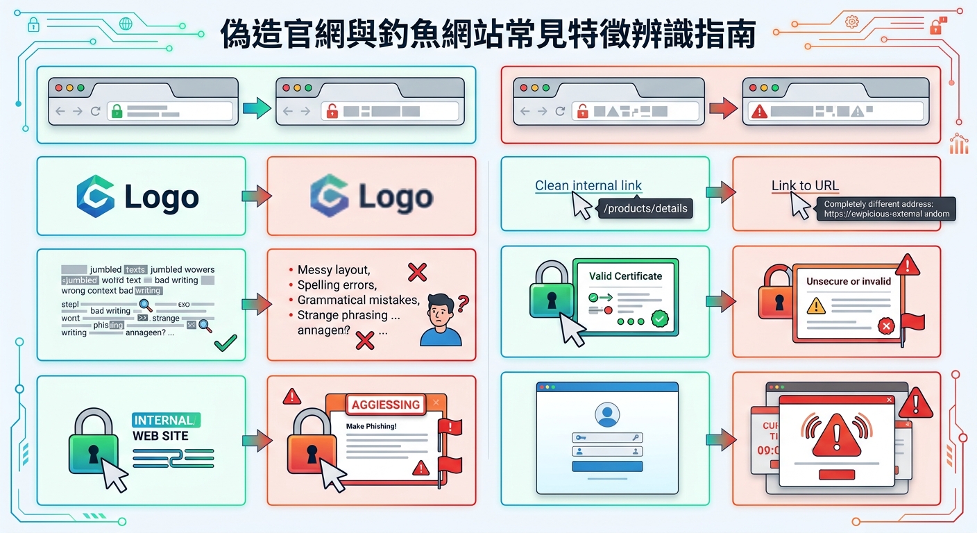這是一張以「偽造官網與釣魚網站常見特徵辨識指南」為主題的視覺化資訊圖表。 圖中利用左右對比排版,詳細展示了安全網站與詐騙網站在網址狀態、標誌畫質、排版錯字及可疑連結等關鍵特徵的差異。